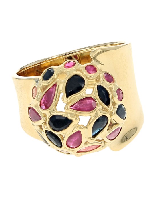 Ruby and Dark Blue Sapphire Dome Style Wide Concave Ring in Yellow Gold